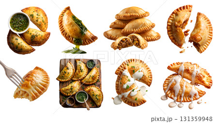Set of Empanada Curry puff crispy fried baked Golden turnover pastry, filling beef chicken pork, with sauce dip, wooden board, stack broken bitten, isolated transparent cutout PNG. Mockup template 131359948