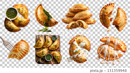 Set of Empanada Curry puff crispy fried baked Golden turnover pastry, filling beef chicken pork, with sauce dip, wooden board, stack broken bitten, isolated transparent cutout PNG. Mockup template 131359948