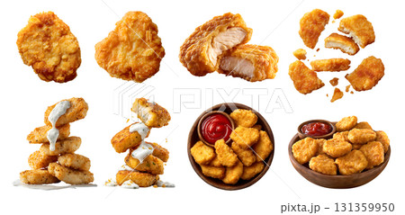 Set of Golden brown Chicken nuggets, breaded battered deep-fried baked, with ketchup ranch sauce dip, bowl, stack broken bitten pieces, isolated transparent cutout PNG. Mockup template for design 131359950