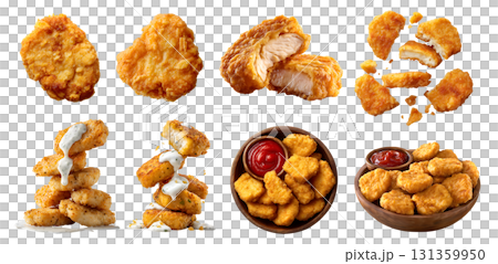 Set of Golden brown Chicken nuggets, breaded battered deep-fried baked, with ketchup ranch sauce dip, bowl, stack broken bitten pieces, isolated transparent cutout PNG. Mockup template for design 131359950