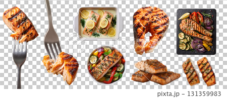 Set of salmon fish steak fillet, pan-fried grilled baked, stone slate plate, on fork, casserole pan, with greens salad vegetable, sliced on transparent cutout PNG. Mockup template for design 131359983
