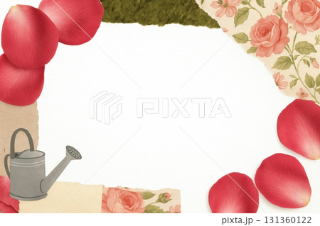 Red rose petals and watering can on floral paper background with blank space 131360122