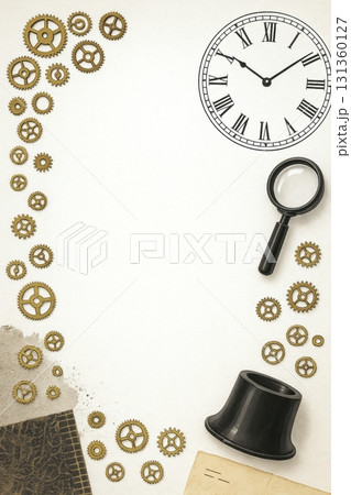 Clock gears and magnifying glass with loupe on white background for repair concept 131360127