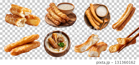 Set of crispy golden-brown Youtiao, Chinese fried dough crullers, breakfast, chopstick, wooden serve board, rice congee porridge, halved broken pile stack on transparent cutout PNG. Mockup 131360162