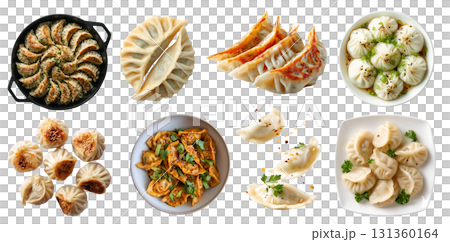 Set of soup dumplings, tangbao, jiaozi Gyoza Pierogi mandu,Chinese steamed bun, Xiao Long Bao baozi, wonton, broth meat filling, isolated on transparent cutout PNG. Many different Mockup template 131360164