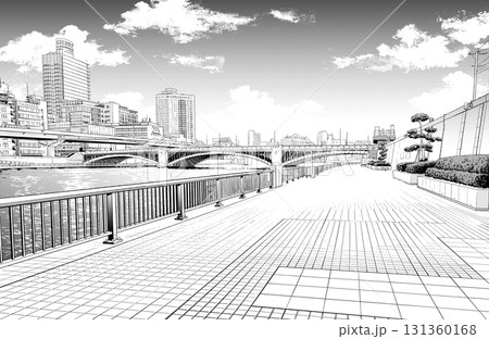 漫画風ペン画イラスト　河川敷 131360168