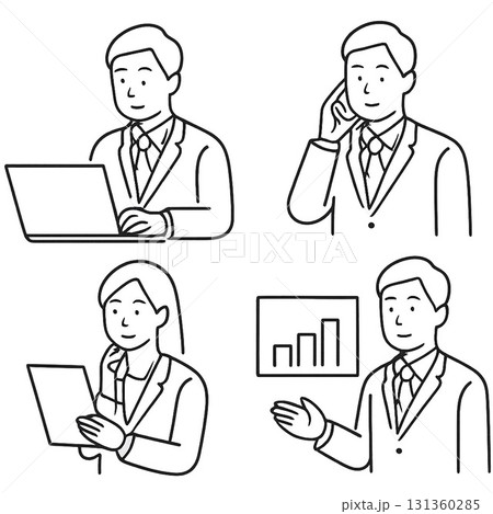 ビジネス人物の基本動作線画アイコン4種セット（PC作業・電話・書類チェック・プレゼン） 131360285