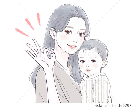 水彩画・手描き風のママと子供の親子イラスト素材 131360297
