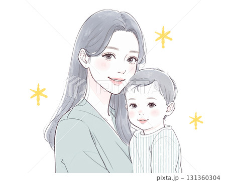 水彩画・手描き風のママと子供の親子イラスト素材 水彩画・手描き風のママと子供の親子イラスト素材 131360304