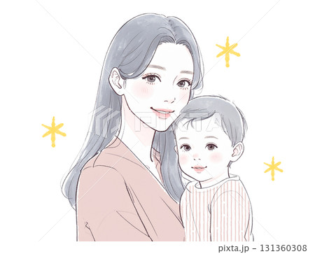 水彩画・手描き風のママと子供の親子イラスト素材 131360308