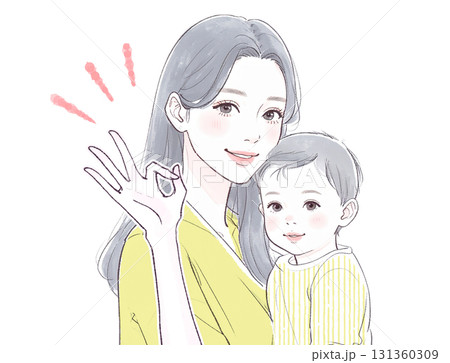 水彩画・手描き風のママと子供の親子イラスト素材 131360309