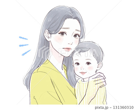 水彩画・手描き風のママと子供の親子イラスト素材 131360310