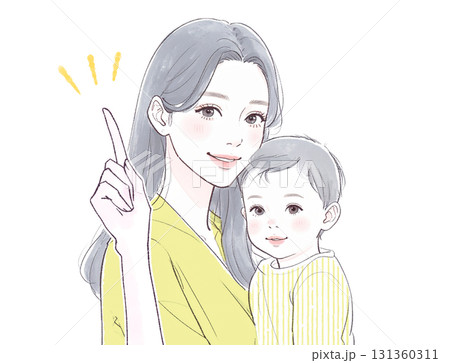 水彩画・手描き風のママと子供の親子イラスト素材 131360311