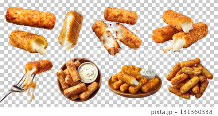Set of golden brown fried crispy mozzarella sticks with melting gooey cheese, with sauce dip, wooden plate, fork, stack broken bitten pieces, isolated transparent cutout PNG. Mockup 131360338