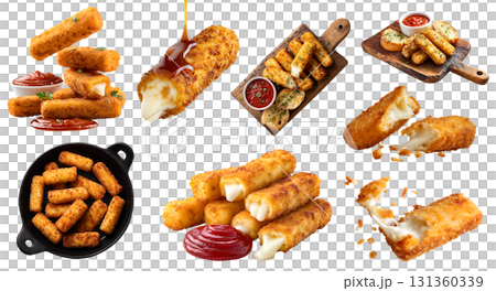 Set of crispy mozzarella sticks, golden brown fried with melting cheese, wood serve board, skillet pan, with marinara ketchup sauce dip, stack broken bitten pieces, transparent cutout PNG. Mockup 131360339