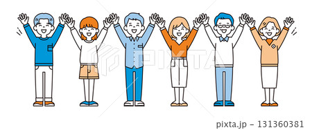 笑顔で万歳をする、三世代の男性と女性のシンプルな全身ベクターイラスト素材セット 131360381