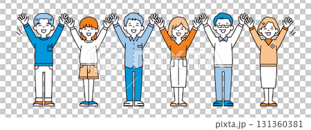 笑顔で万歳をする、三世代の男性と女性のシンプルな全身ベクターイラスト素材セット 131360381