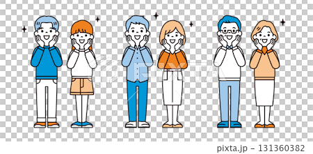 一組簡單的全身向量插圖，描繪了不同年齡的情侶，興奮而期待 131360382