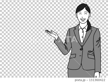 案内するポーズのスーツ姿の女性OL 上半身正面 モノクロ 131360422