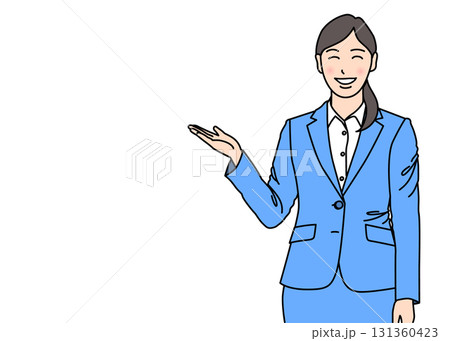案内するポーズのスーツ姿の女性OL 上半身正面 青色 カラー 案内するポーズのスーツ姿の女性OL 上半身正面 青色 カラー 131360423