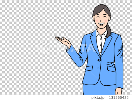案内するポーズのスーツ姿の女性OL 上半身正面 青色 カラー 案内するポーズのスーツ姿の女性OL 上半身正面 青色 カラー 131360423