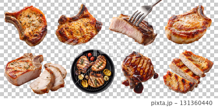 Set of pork chop steak meat, loin cut, sliced, barbecue grilled bake fry, plate, bbq grill, fork, sauce, bone-in boneless isolated on transparent cutout PNG. Mockup template for design 131360440
