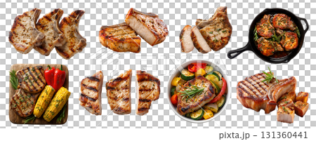 Set of pork chop meat steak, barbecue grilled bake fry, loin cut, wooden board skillet pan bowl, sauce, bone-in boneless, slice cube stack isolated on transparent cutout PNG. Mockup template Set of pork chop meat steak, barbecue grilled bake fry, loin cut, wooden board skillet pan bowl, sauce, bone-in boneless, slice cube stack isolated on transparent cutout PNG. Mockup template 131360441