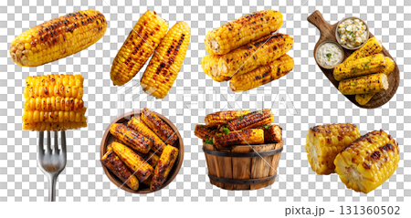 Set of grilled charred corn ribs on the cob, barbecue bbq, wooden serving board bucket, fork, halved pile stack on transparent cutout PNG. Mockup template 131360502