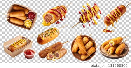Set of corndog corn dog on stick, coated batter, cheese, deep-fried sausage hotdog frankfurter wiener bratwurst, broken pile, sauce, plate, box takeaway, isolated on transparent cutout PNG. Mockup Set of corndog corn dog on stick, coated batter, cheese, deep-fried sausage hotdog frankfurter wiener bratwurst, broken pile, sauce, plate, box takeaway, isolated on transparent cutout PNG. Mockup 131360503