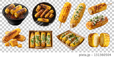 Set of charred grilled corn ribs on the cob, takeaway box, stick, barbecue bbq grill, cotija cheese spice, halved sliced pile stack on transparent cutout PNG. Mockup template for design Set of charred grilled corn ribs on the cob, takeaway box, stick, barbecue bbq grill, cotija cheese spice, halved sliced pile stack on transparent cutout PNG. Mockup template for design 131360504