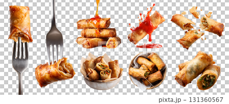 Set of egg spring roll, crispy fried wrapped pastry snack with savoury vegetable meat filling, takeaway bowl, salsa ketchup sauce dip, fork, halved broken pile stack on transparent cutout PNG. Mockup 131360567