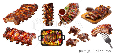 Set of Baby back spare side ribs sparerib pork meat, sliced slab, barbecue grilled smoked braise, oven tray, wooden serve board, fork, sauce dipping, isolated transparent cutout PNG. Mockup 131360699