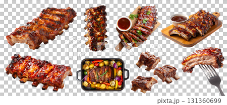 Set of Baby back spare side ribs sparerib pork meat, sliced slab, barbecue grilled smoked braise, oven tray, wooden serve board, fork, sauce dipping, isolated transparent cutout PNG. Mockup 131360699