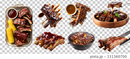 Set of sparerib Baby back spare side ribs pork meat, barbecue BBQ sauce, grilled smoked braise, sliced slab, tong, grill, oven pan, wooden bowl, isolated transparent cutout PNG. Mockup for design 131360700