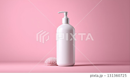 White bottle with pump on pink background 131360725