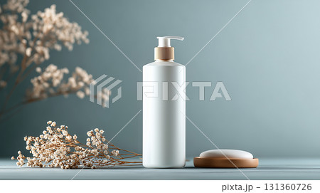 White shower gel bottle with soap on pastel background 131360726