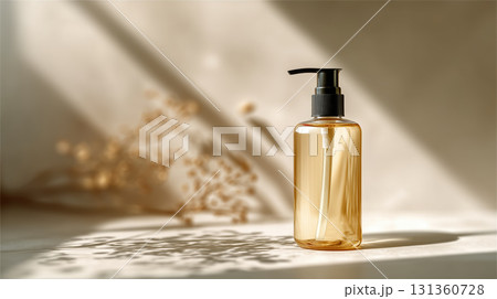 Transparent bottle with black pump on beige surface 131360728