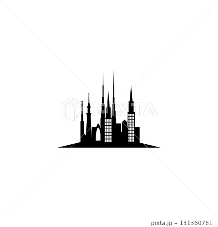 High-rise city buildings in a black-and-white vector illustration style. The buildings are shown with detailed square windows, giving the impression of a modern skyscraper. High-rise city buildings in a black-and-white vector illustration style. The buildings are shown with detailed square windows, giving the impression of a modern skyscraper. 131360781