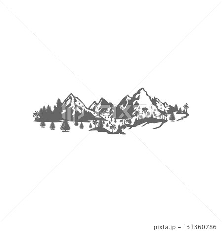 Black and white mountain sketch with pine trees on a hillside landscape. 131360786