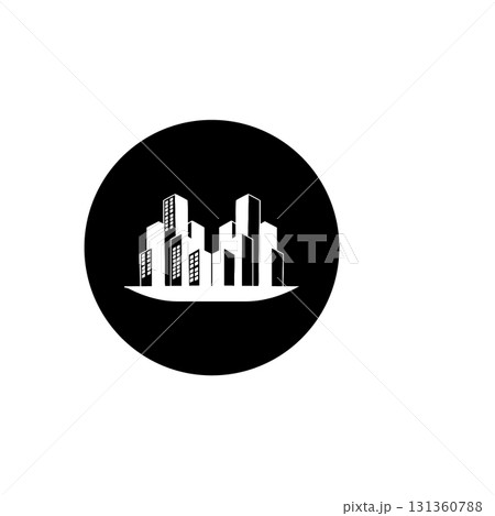 Stylized black and white cityscape illustration of tall buildings 131360788