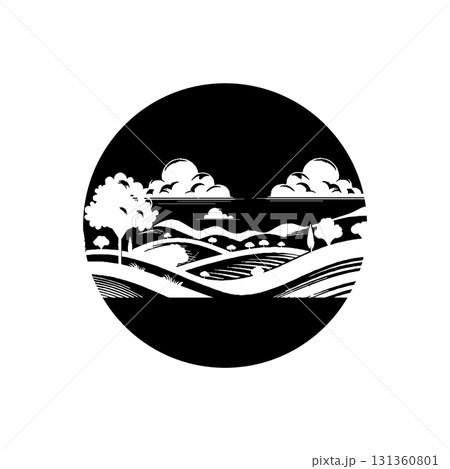 This circular black and white illustration depicts a rural landscape with a serene feel. 131360801
