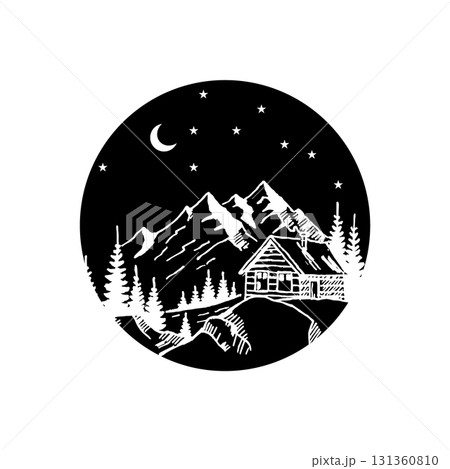 Nighttime atmosphere in the mountains. A wooden house stands on a cliff with a backdrop of lush pine trees. Nighttime atmosphere in the mountains. A wooden house stands on a cliff with a backdrop of lush pine trees. 131360810