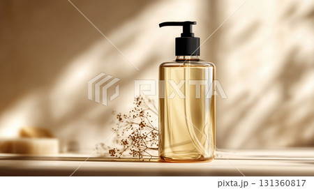 Transparent body wash bottle with black pump on beige surface 131360817