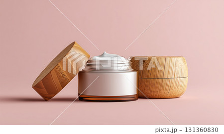 Cream jar with wooden cap on pastel background 131360830