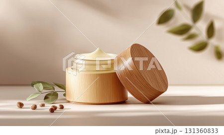 Cream jar with wooden cap on minimal background 131360833
