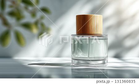 Glass bottle with wooden cap on white background 131360835