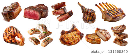Collection of 4 set beef, pork loin chop, salmon fish, lamb rib leg, meat steak, sliced whole, isolated transparent cutout PNG. Mockup 131360840