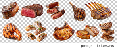 Collection of 4 set beef, pork loin chop, salmon fish, lamb rib leg, meat steak, sliced whole, isolated transparent cutout PNG. Mockup 131360840