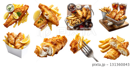 Set of battered fried fish and chips fries, stack pile, takeaway carton box, serving wooden board, tartar mayo dip sauce, french fry, broken bitten pieces on transparent cutout PNG. Mockup Set of battered fried fish and chips fries, stack pile, takeaway carton box, serving wooden board, tartar mayo dip sauce, french fry, broken bitten pieces on transparent cutout PNG. Mockup 131360843