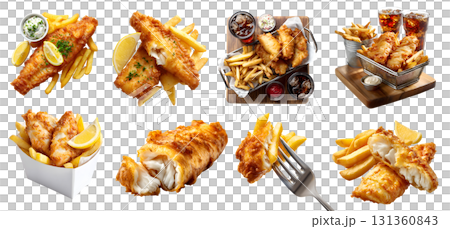 Set of battered fried fish and chips fries, stack pile, takeaway carton box, serving wooden board, tartar mayo dip sauce, french fry, broken bitten pieces on transparent cutout PNG. Mockup Set of battered fried fish and chips fries, stack pile, takeaway carton box, serving wooden board, tartar mayo dip sauce, french fry, broken bitten pieces on transparent cutout PNG. Mockup 131360843